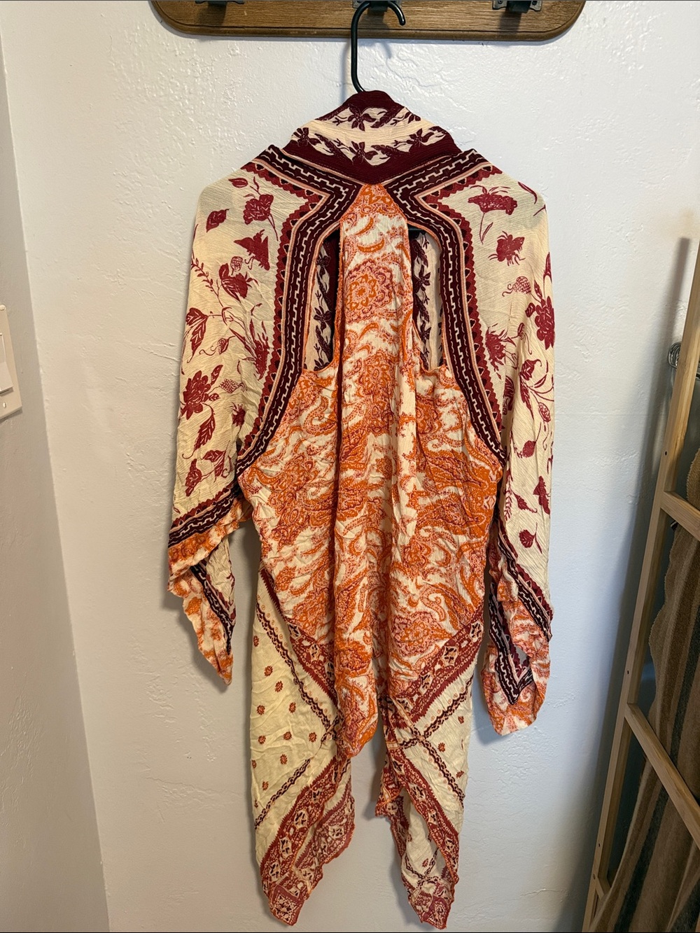 Free People Cream, Burgundy & Orange Boho Open-Front Kimono - Picture 2 of 7